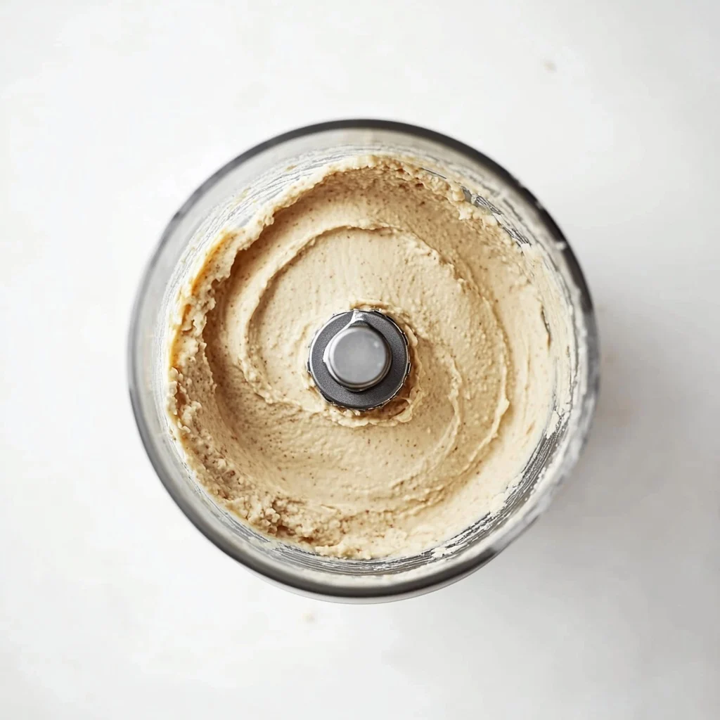 Top-down view of creamy cashew cheese freshly blended in a food processor with a smooth, swirled texture