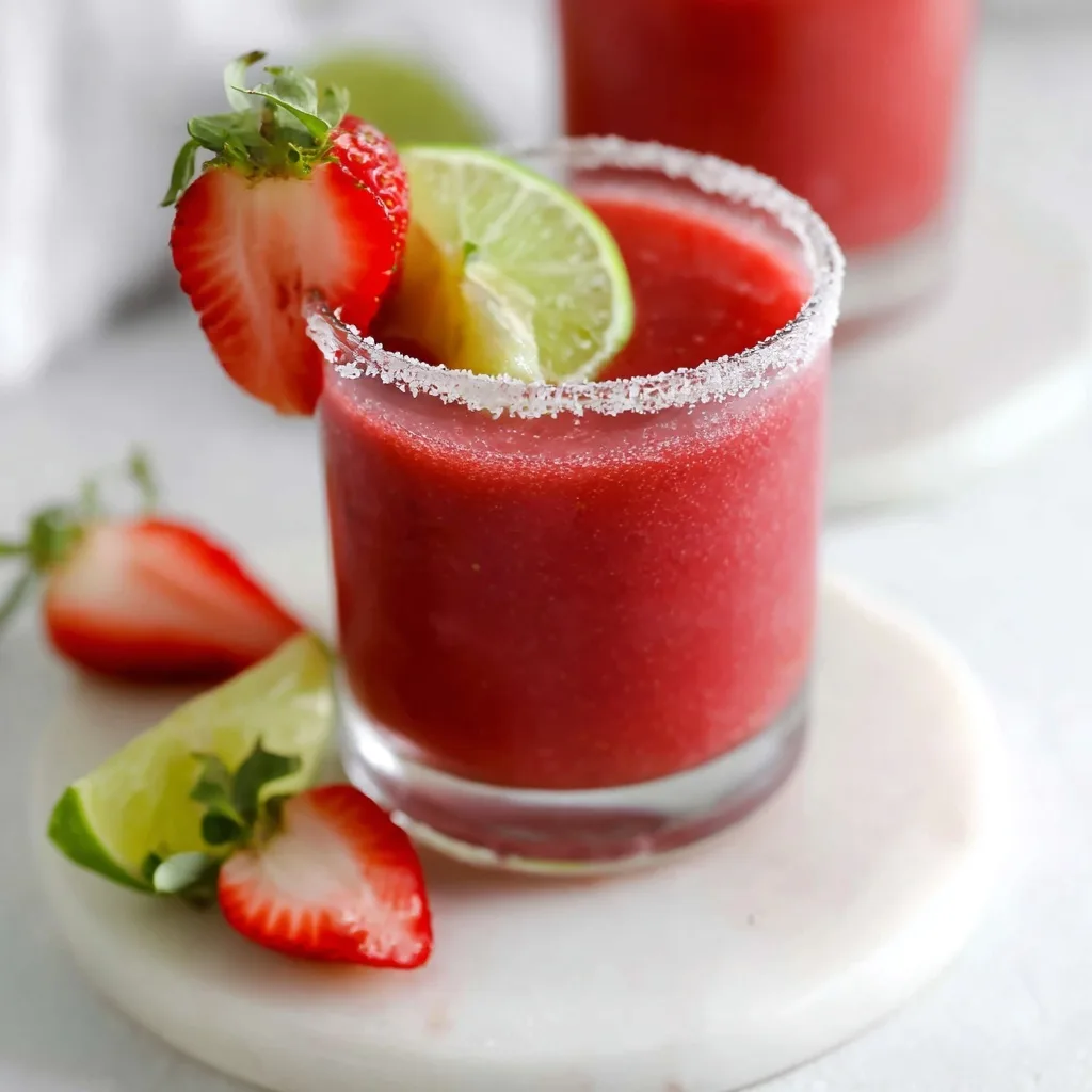 A homemade Strawberry Margarita Recipe in a salt-rimmed glass, garnished with a fresh lime wheel and a sliced strawberry.
