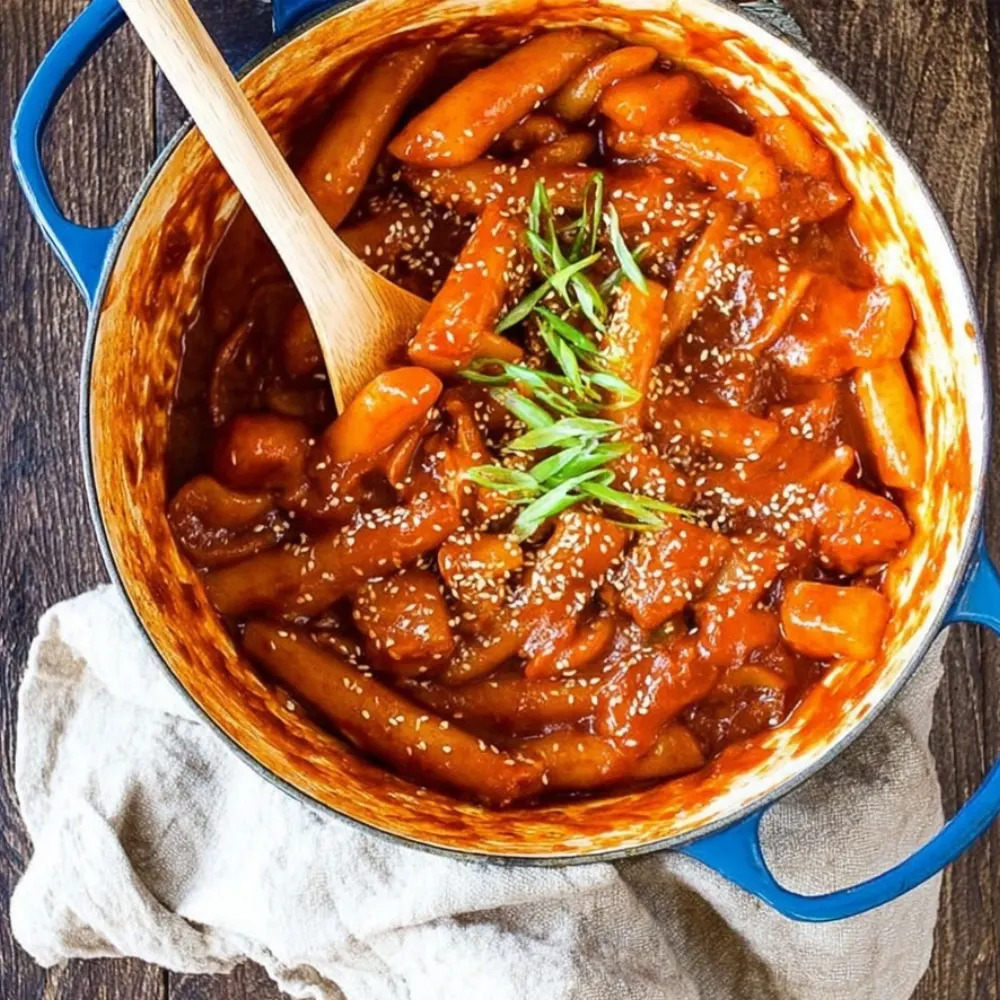 Pot of Tteokbokki Recipe with spicy red sauce, sesame seeds, and sliced green onions, stirred with a wooden spoon.