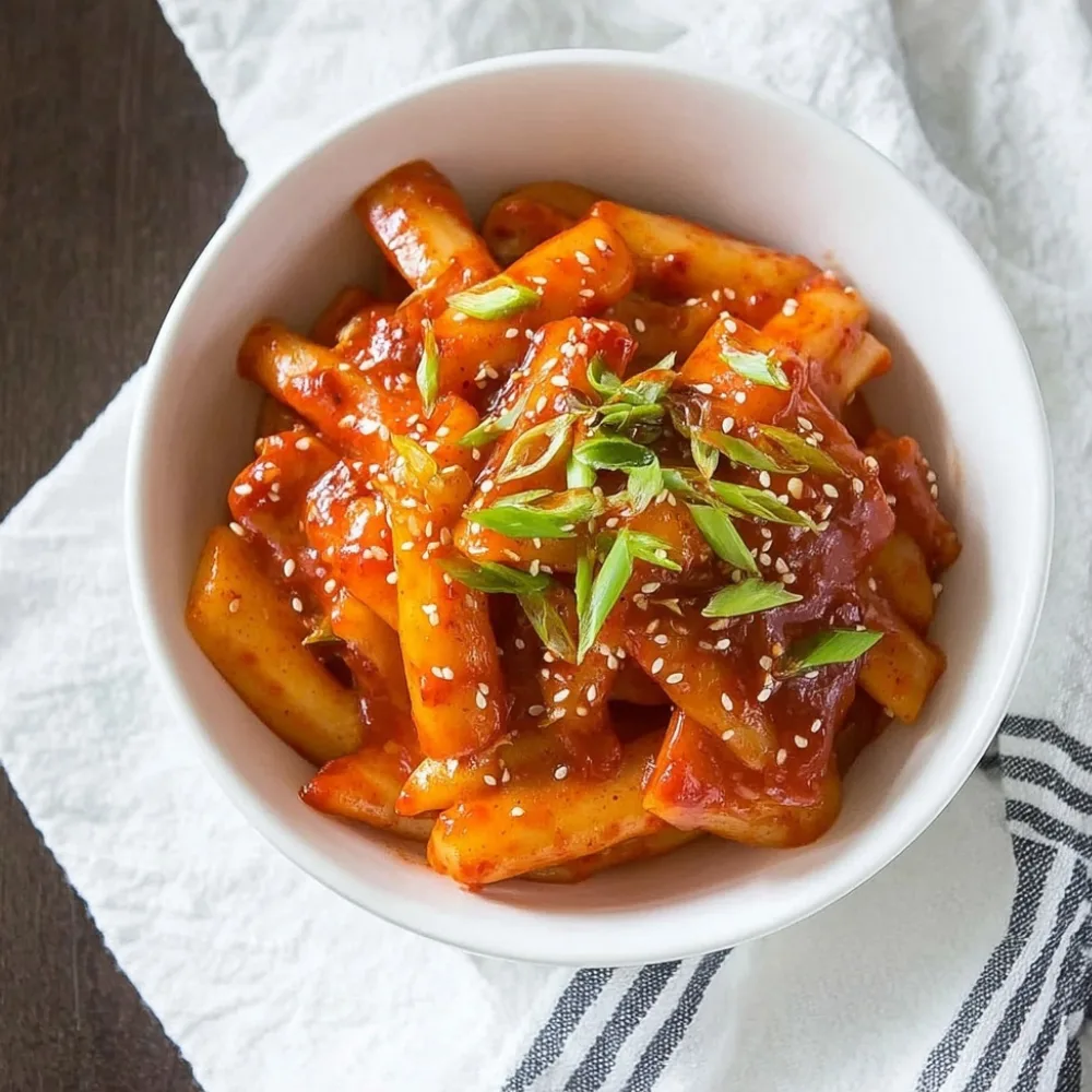 Authentic Tteokbokki Recipe with spicy red sauce, sesame seeds, and green onion garnish in a white bowl.
