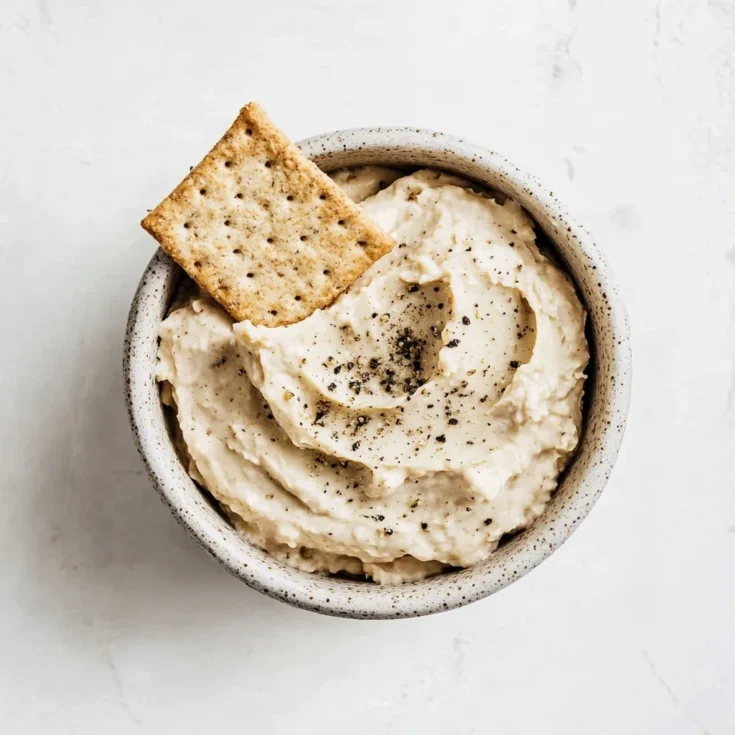 Close-up of a smooth vegan cashew cheese spread in a ceramic bowl, garnished with black pepper and paired with a crisp cracker
