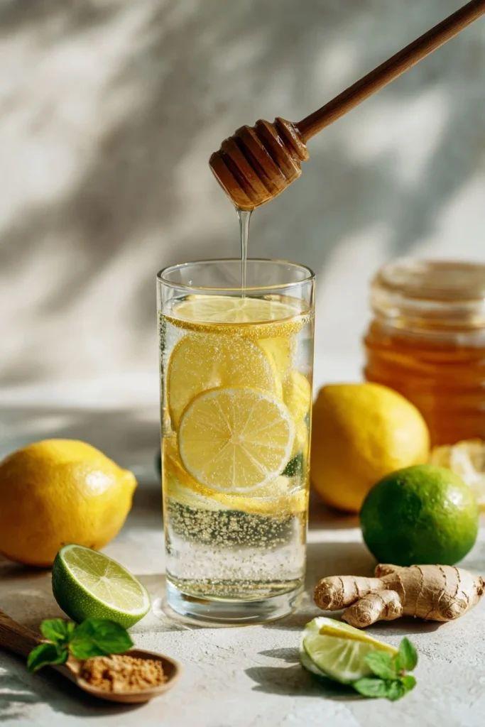 Glass of Brazilian Mounjaro drink with lemon slices and honey drizzle, surrounded by fresh ginger, lime, and ingredients on a sunlit surface