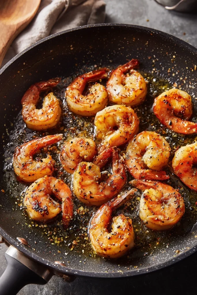 Juicy shrimp seared in a skillet with garlic, oil, and black pepper, glistening with seasoning and browned edges