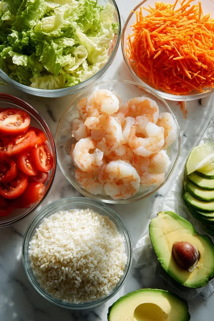Overhead view of fresh shrimp, shredded carrots, lettuce, cherry tomatoes, rice, sliced avocado, and lime wedges arranged in glass bowls on a marble surface