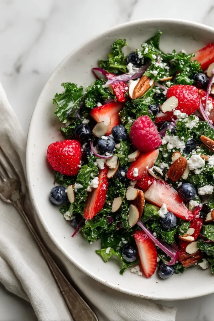 Fresh and colorful kale salad with berries, feta, and fruit in a white bowl – perfect for summer