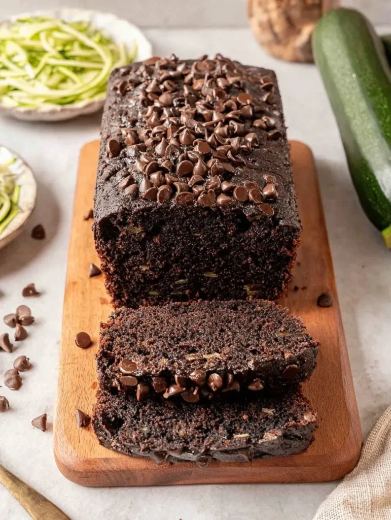 Rich chocolate zucchini bread topped with chocolate chips, sliced to reveal a moist, fudgy texture.