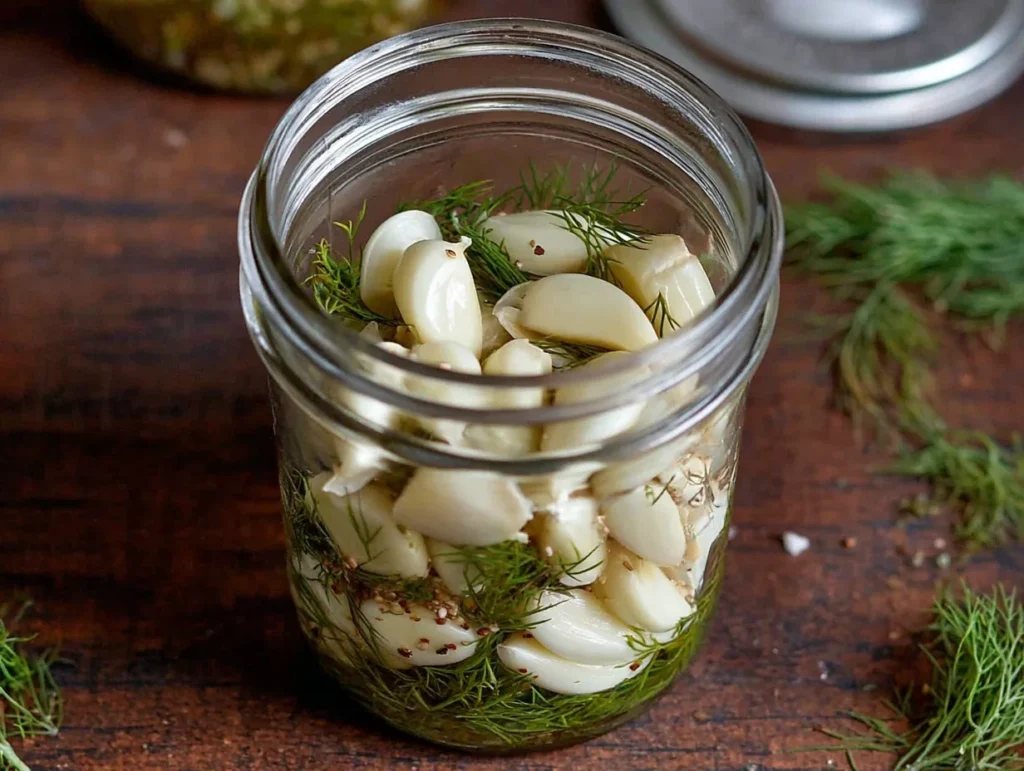Glass jar filled with peeled garlic cloves, fresh dill, and mustard seeds before adding pickling brine.