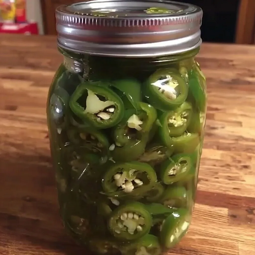 Glass jar filled with sliced homemade pickled jalapenos on a wooden table