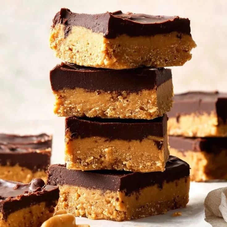 Close-up stack of layered peanut butter and chocolate bars on parchment paper.