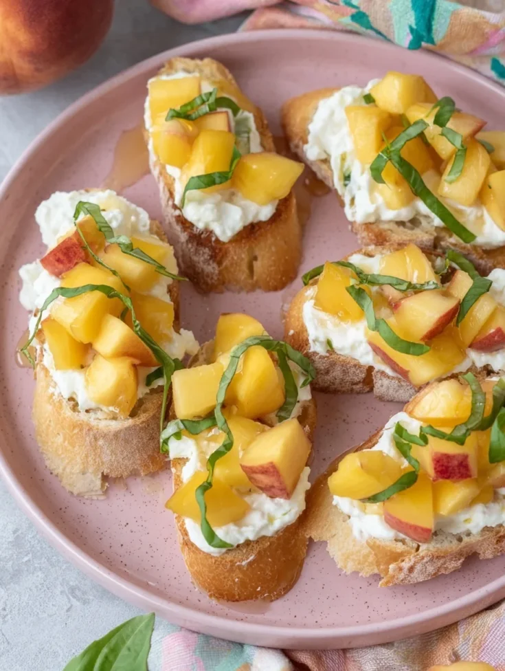 Overhead view of peach ricotta crostini with basil on a pink plate, styled with a peach and colorful napkin