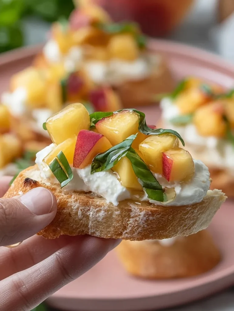 Hand holding a peach ricotta crostini topped with fresh basil and honey drizzle
