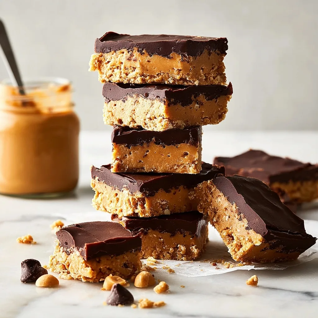 Stack of peanut butter chocolate bars with a jar of peanut butter in the background on a marble surface.