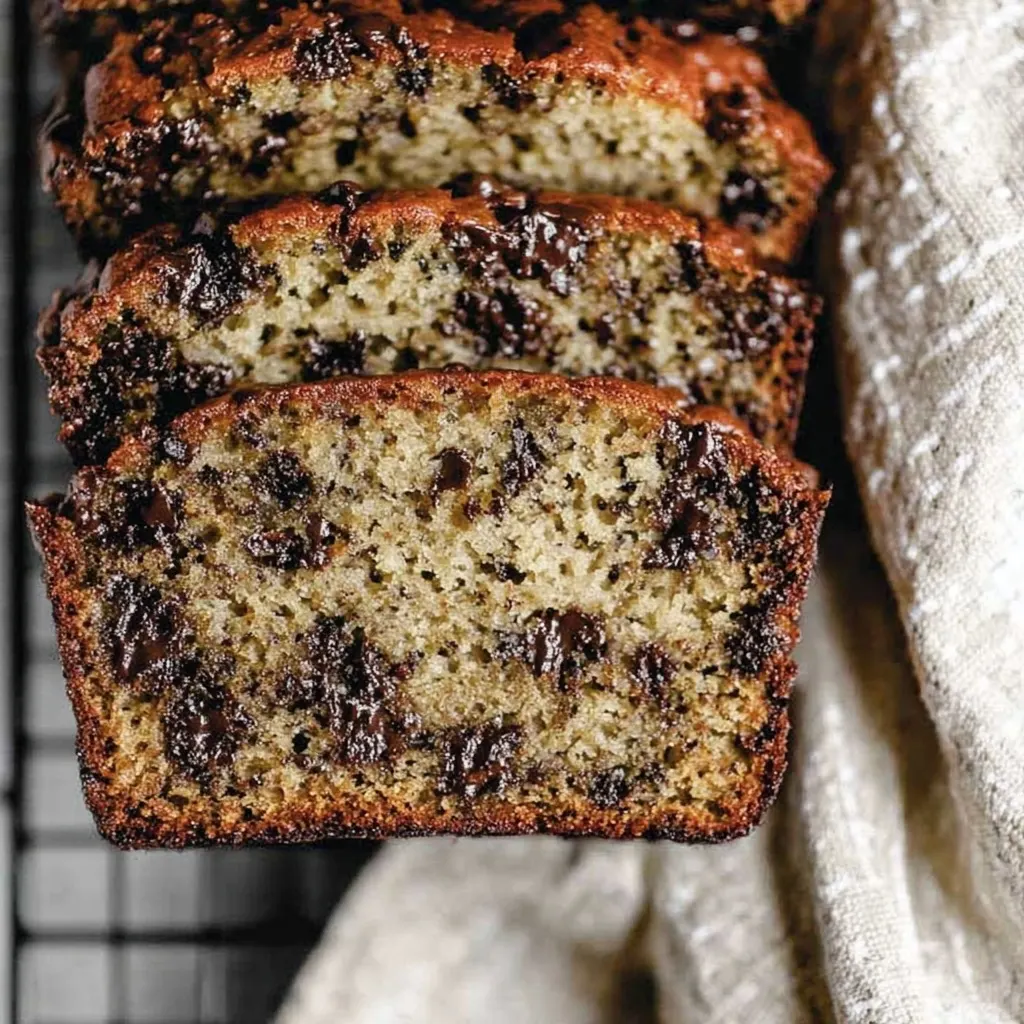 close-up of sliced chocolate chip banana bread showing moist texture and melted chocolate