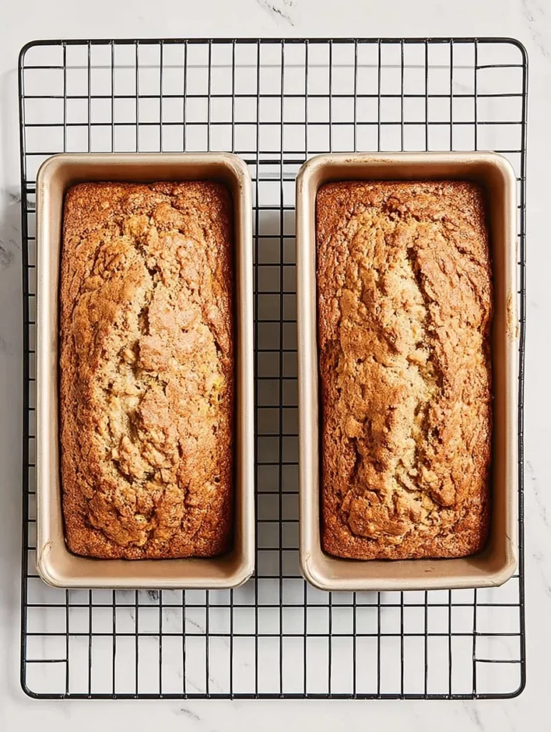Two freshly baked zucchini bread loaves in pans cooling on a wire rack.