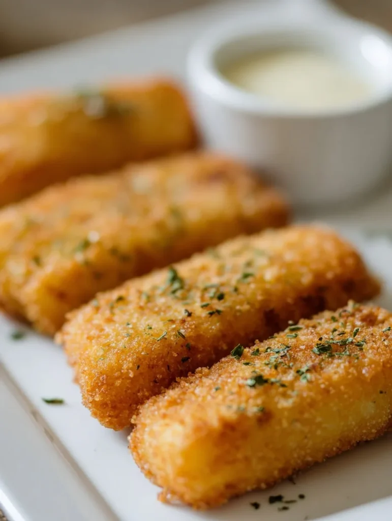 Air fryer breaded fish fillets on plate with sauce in background