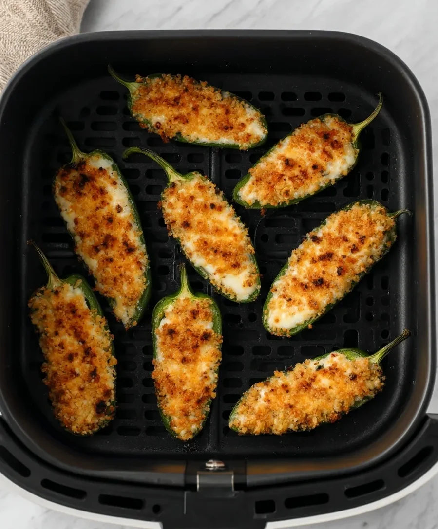 Golden brown air fryer jalapeño poppers with crispy breadcrumb topping inside the air fryer basket