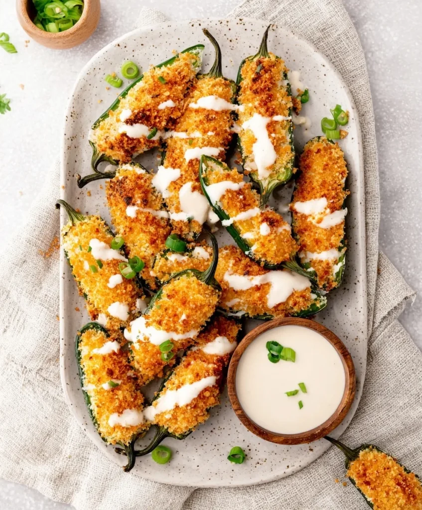 Crispy golden air fryer jalapeño poppers drizzled with sauce and served on a platter with dipping sauce