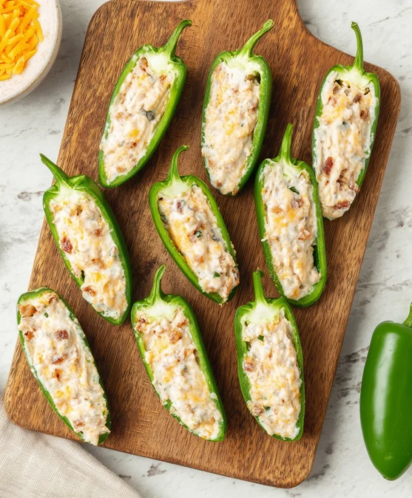 Fresh jalapeño halves stuffed with cream cheese, cheddar, and bacon mixture on a wooden board before air frying