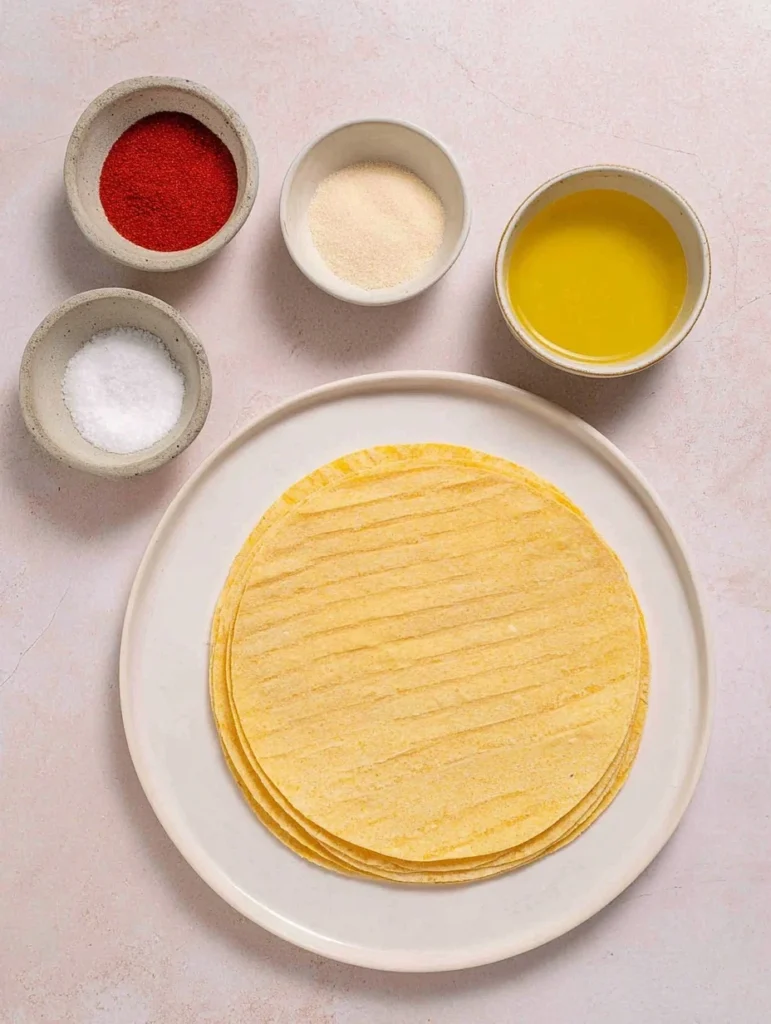 Corn tortillas with bowls of oil, salt, chili powder, and garlic powder for homemade Air Fryer Tortilla Chips