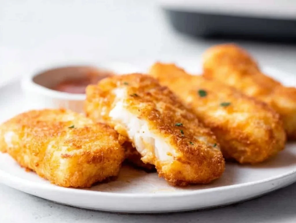 Air Fryer Frozen Fish Fillets broken open showing flaky white fish