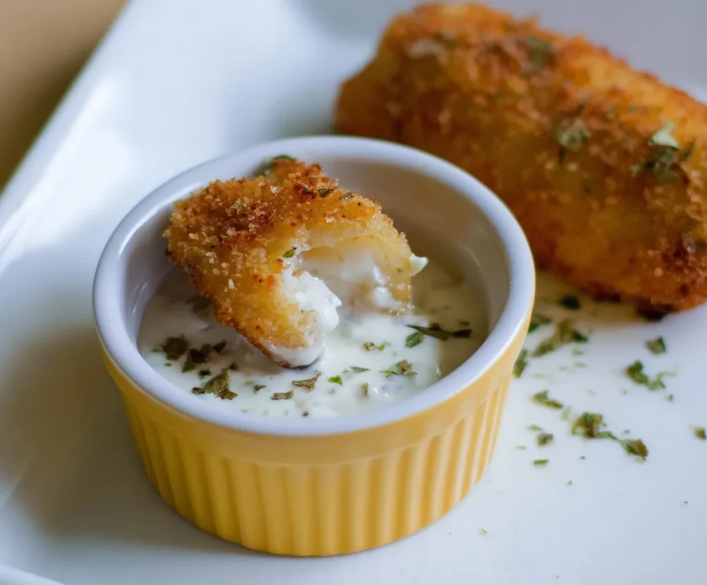 Golden fish fillet dipped in white sauce with herbs