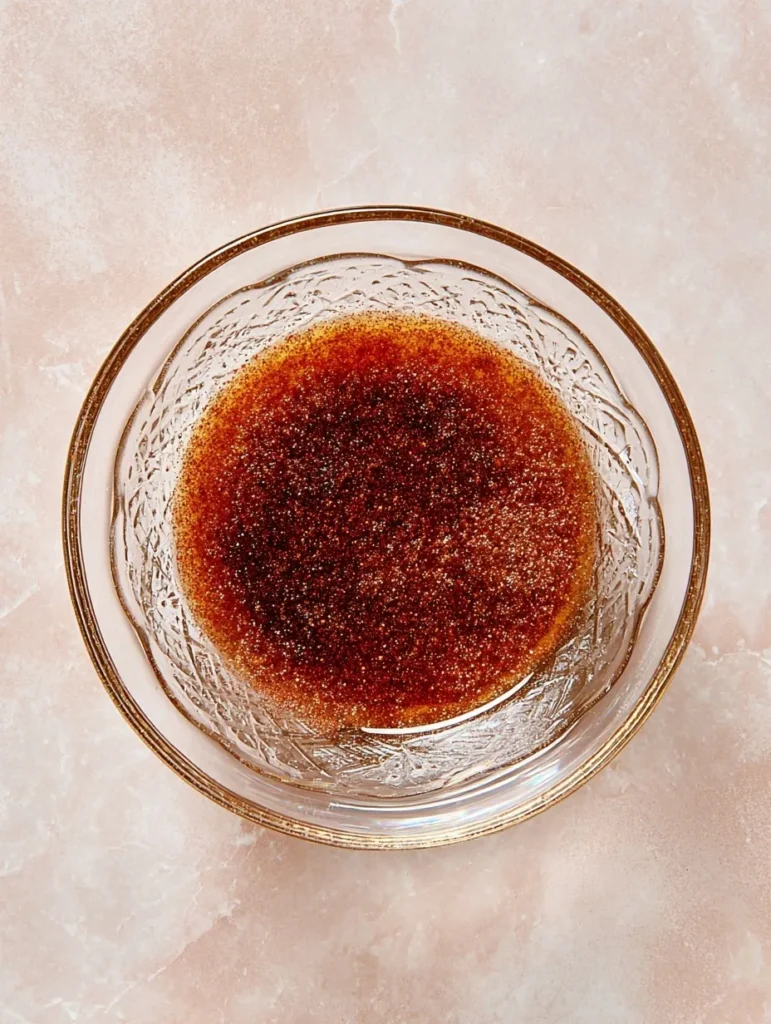 Homemade spice blend with oil, chili powder, and garlic powder in a glass bowl for tortilla chips