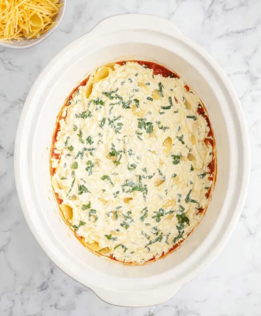 Crockpot filled with pasta and sauce topped with a creamy ricotta cheese mixture and fresh herbs before slow cooking.