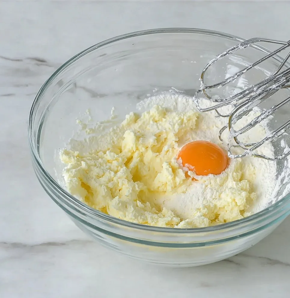 Egg added to creamed butter and sugar mixture in a glass bowl for blueberry lemon pound cake batter.
