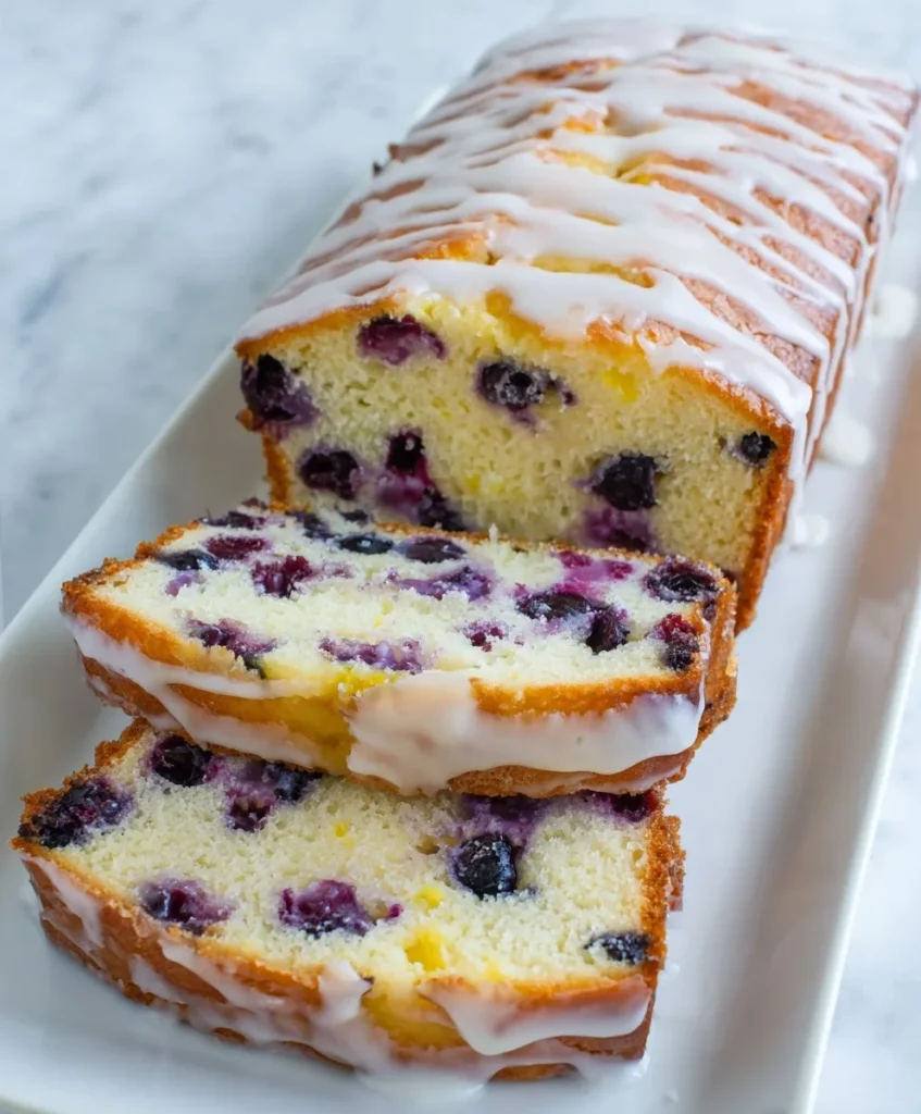 Sliced blueberry lemon pound cake topped with lemon glaze showing moist crumb and juicy blueberries.