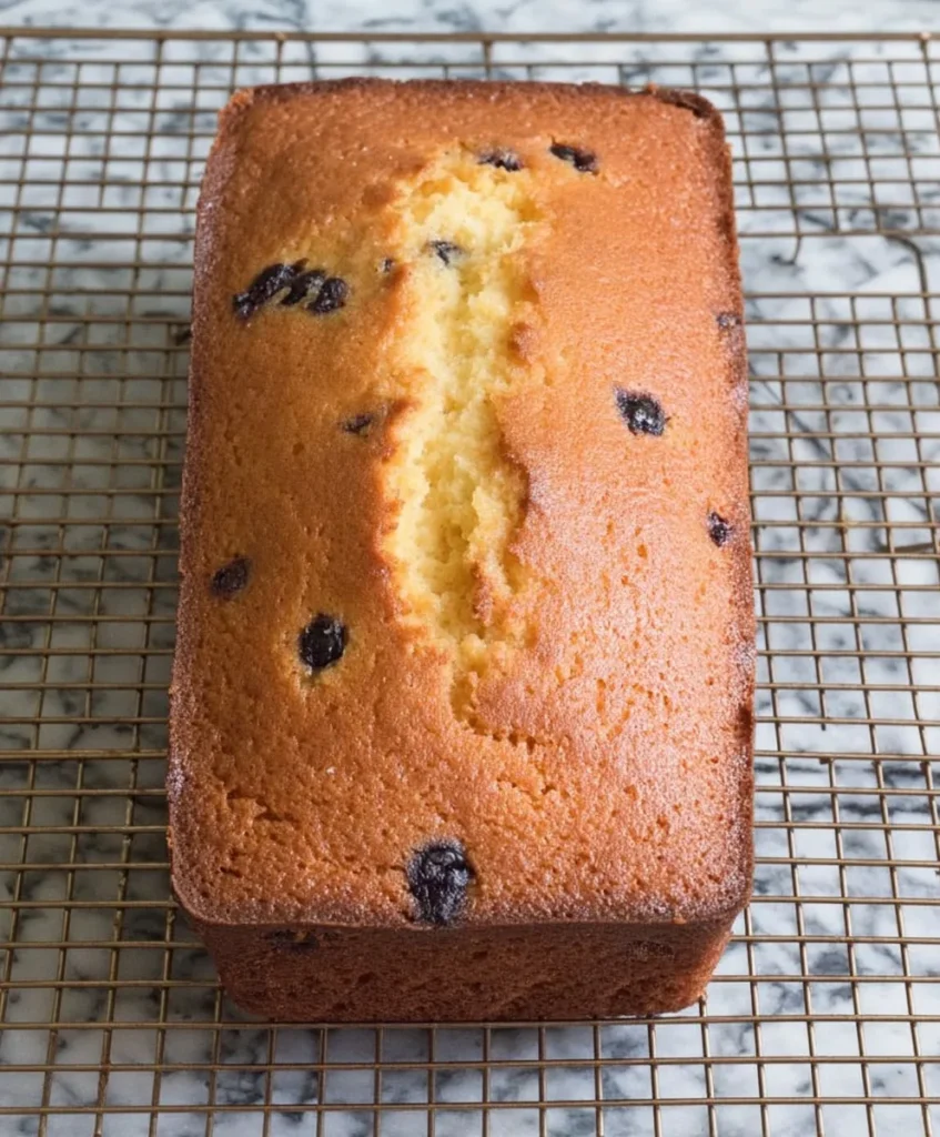 Freshly baked blueberry lemon pound cake with golden crust cooling on a wire rack.