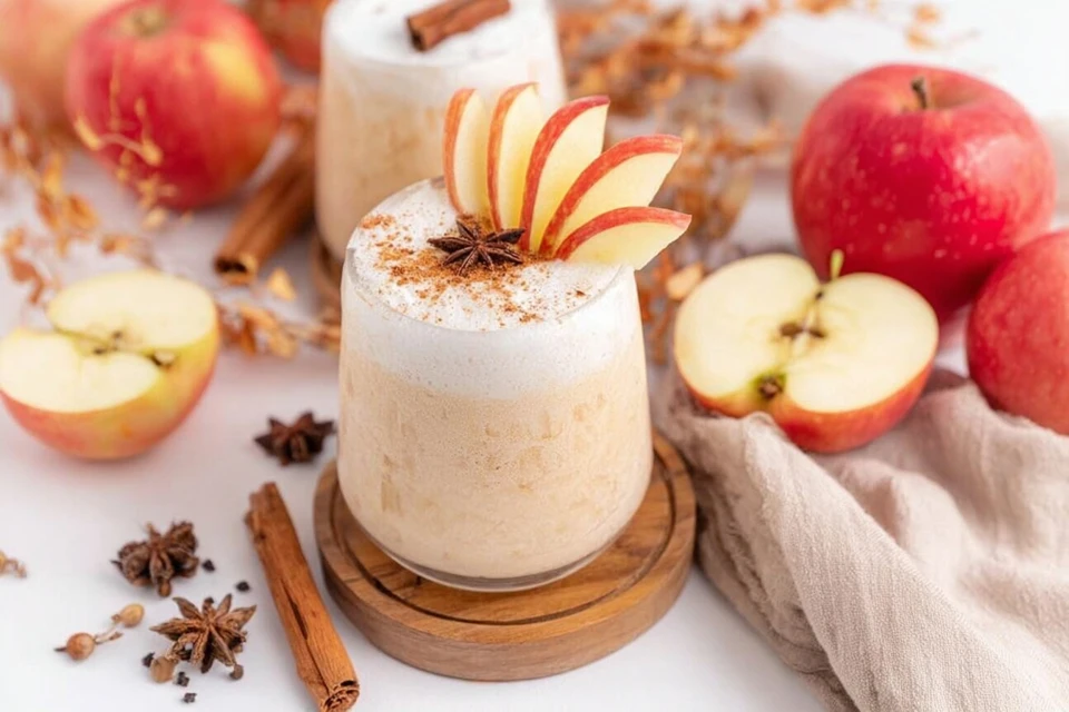 Apple cider float topped with vanilla ice cream, fresh apple slices, cinnamon, and star anise on a fall table