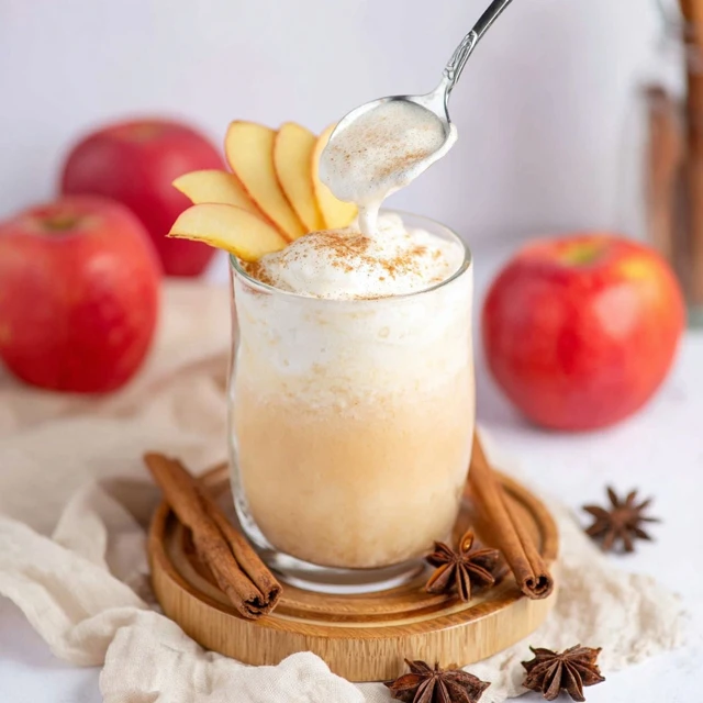 Apple cider float topped with vanilla ice cream, apple slice garnish, cinnamon, and fall spices in a glass