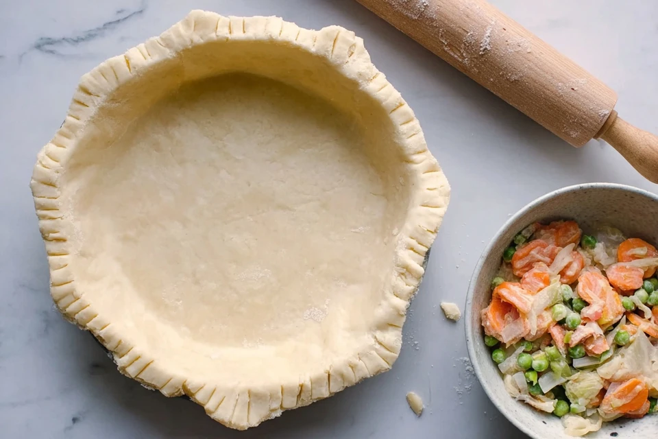 Unbaked pie crust pressed into a pie dish with chicken pot pie filling nearby on a countertop
