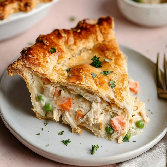 Slice of homemade chicken pot pie with creamy chicken filling, peas, and carrots in a flaky golden crust