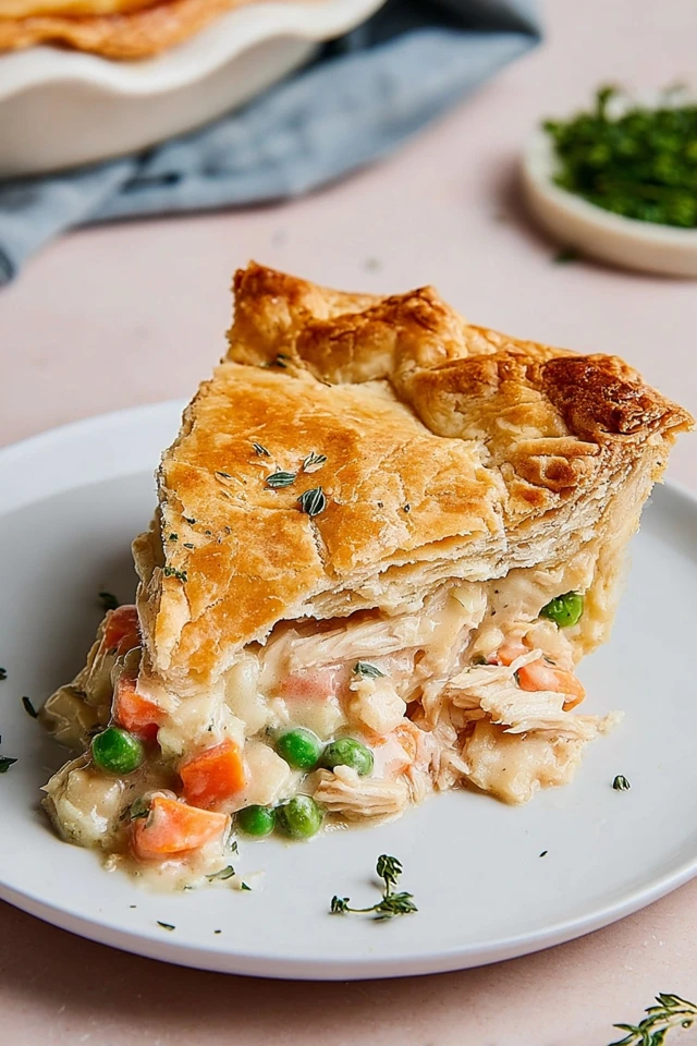 Slice of homemade chicken pot pie with creamy chicken filling, peas, and carrots in a flaky golden crust