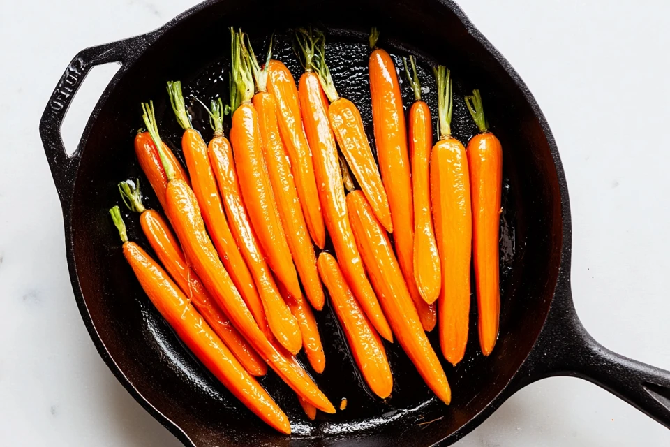 Cooked whole carrots arranged in a cast iron skillet before glazing
