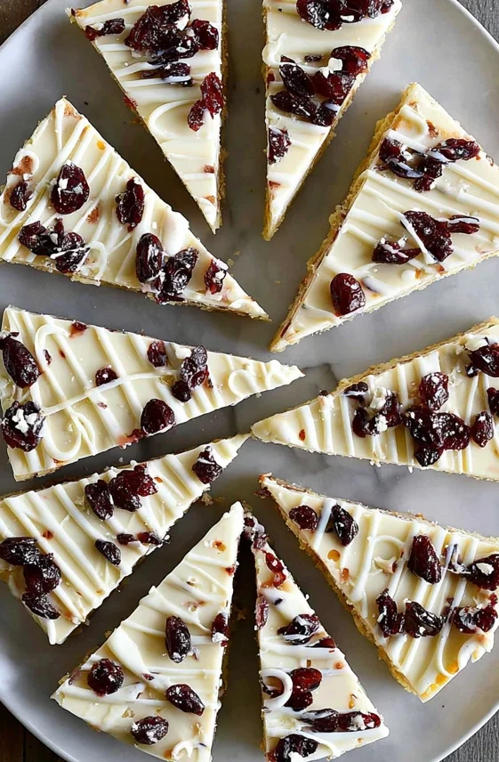 Cranberry bliss bars cut into triangular slices on a plate, topped with cream cheese frosting, white chocolate drizzle, and dried cranberries