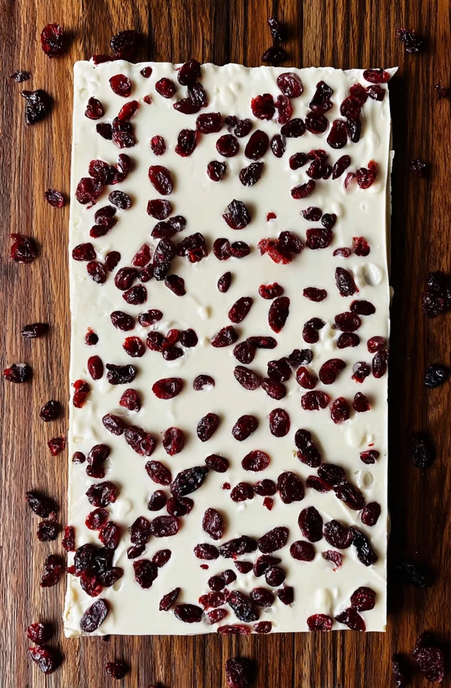 Uncut cranberry bliss bars topped with cream cheese frosting and dried cranberries on a wooden board