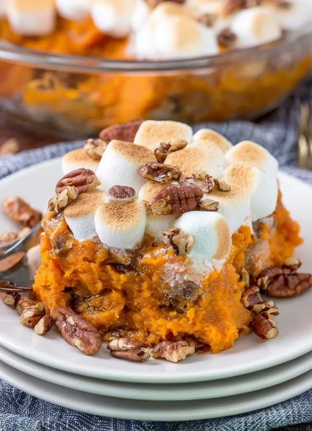 A slice of sweet potato casserole served on a plate with toasted marshmallows and pecans, creamy orange filling and classic homemade texture