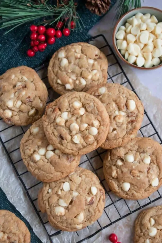 Freshly baked white chocolate gingerbread cookies arranged on a cooling rack with holiday decorations nearby.