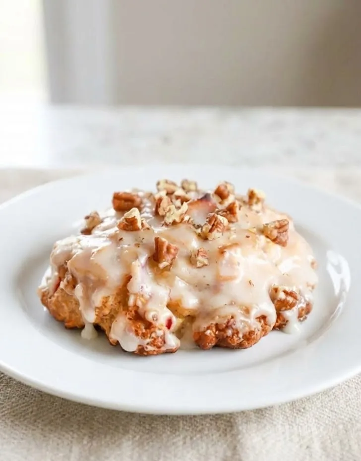 Baked apple fritter glazed with icing and topped with chopped nuts, served on a white plate with a soft blurred background