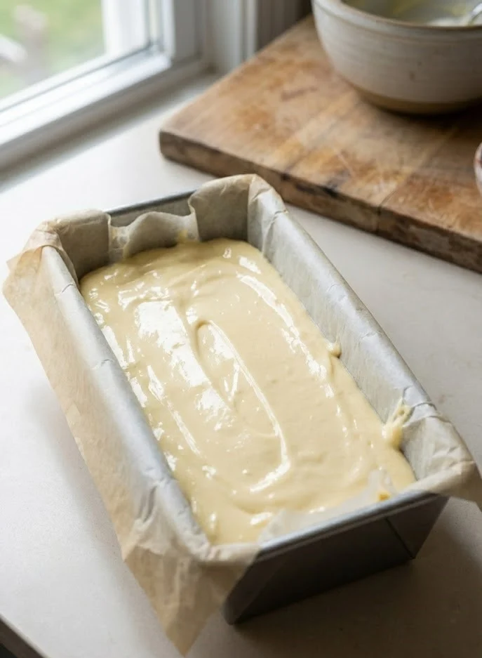 Basque cheesecake batter poured into a parchment-lined loaf pan before baking