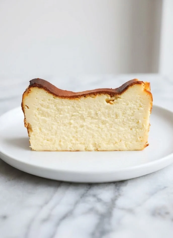 Single slice of Basque cheesecake from a loaf pan with a creamy interior and caramelized top