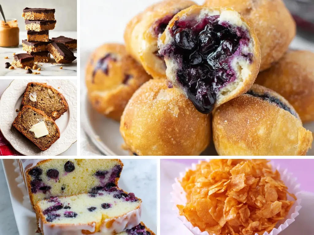 Best desserts featuring blueberry pie bombs, no-bake dessert bars, banana bread slices, blueberry cake, and honey joys