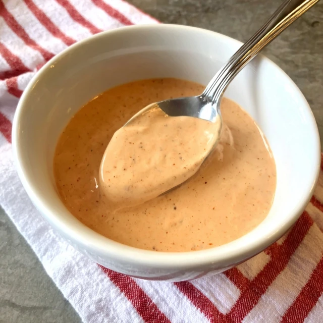 Creamy Big Mac Sauce copycat served in a white bowl with a spoon