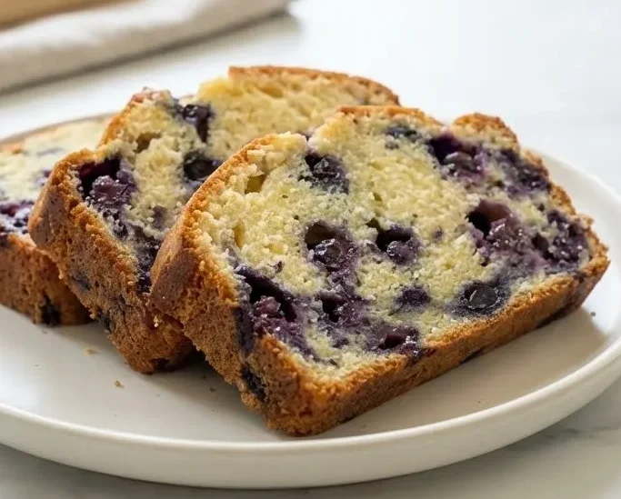 Blueberry cream cheese loaf slices served on a plate with soft crumb and blueberry pockets