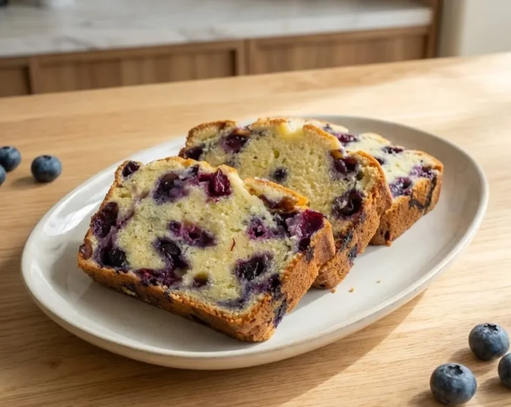 Blueberry cream cheese loaf slices on a plate set on a wooden table