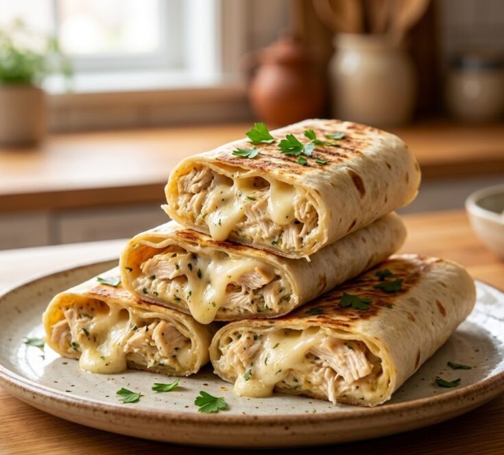 Creamy cheesy chicken alfredo wraps cut open showing melted cheese filling