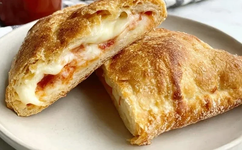 Cheesy pizza pockets with crispy golden crust and melted cheese served with marinara