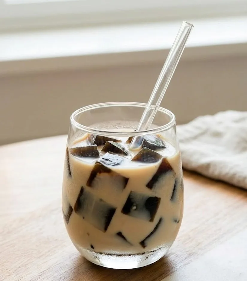 Coffee jelly drink recipe in a glass with milk, coffee jelly cubes, and a straw